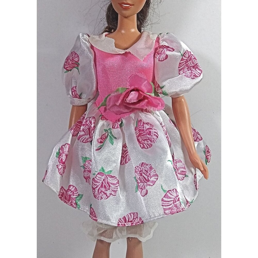 Vintage Barbie Doll Clothing Dress Mattel Pink White Floral Attached Pantyhouse